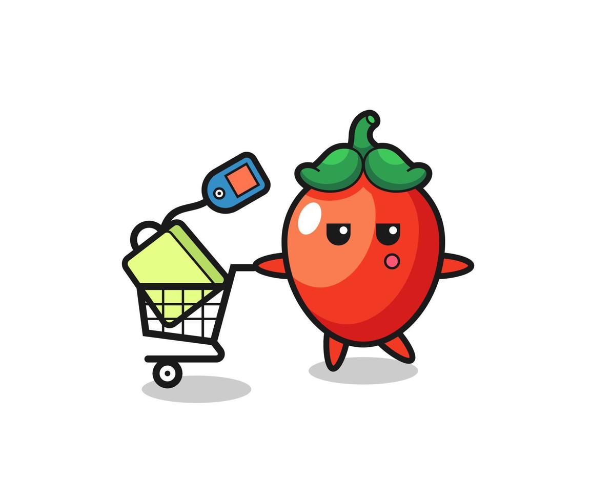 chili pepper illustration cartoon with a shopping cart vector