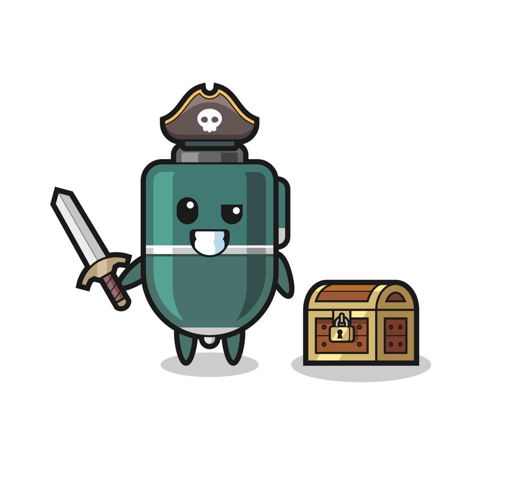 el personaje del pirata del bolígrafo que sostiene la espada al lado de una caja del tesoro vector