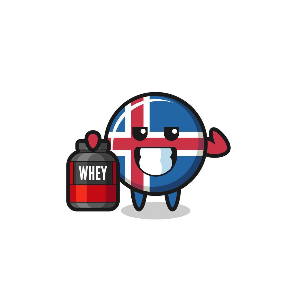 the muscular iceland flag character is holding a protein supplement vector