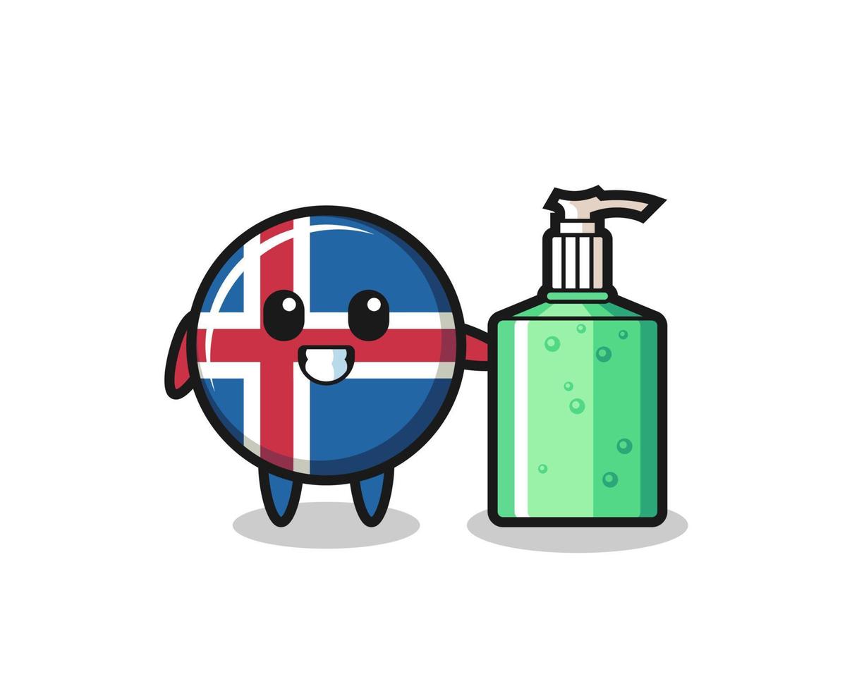 linda caricatura de la bandera de islandia con desinfectante para manos vector