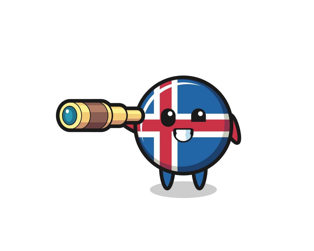 cute iceland flag character is holding an old telescope vector