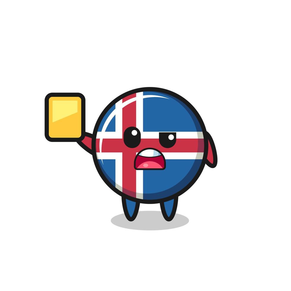 caricatura del personaje de la bandera de islandia como árbitro de fútbol dando una tarjeta amarilla vector