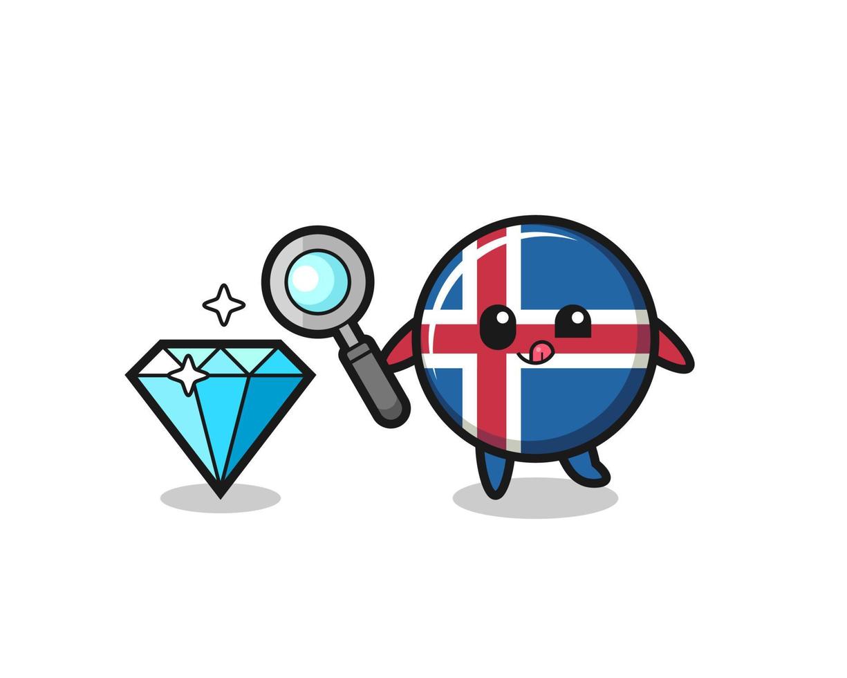 iceland flag mascot is checking the authenticity of a diamond vector