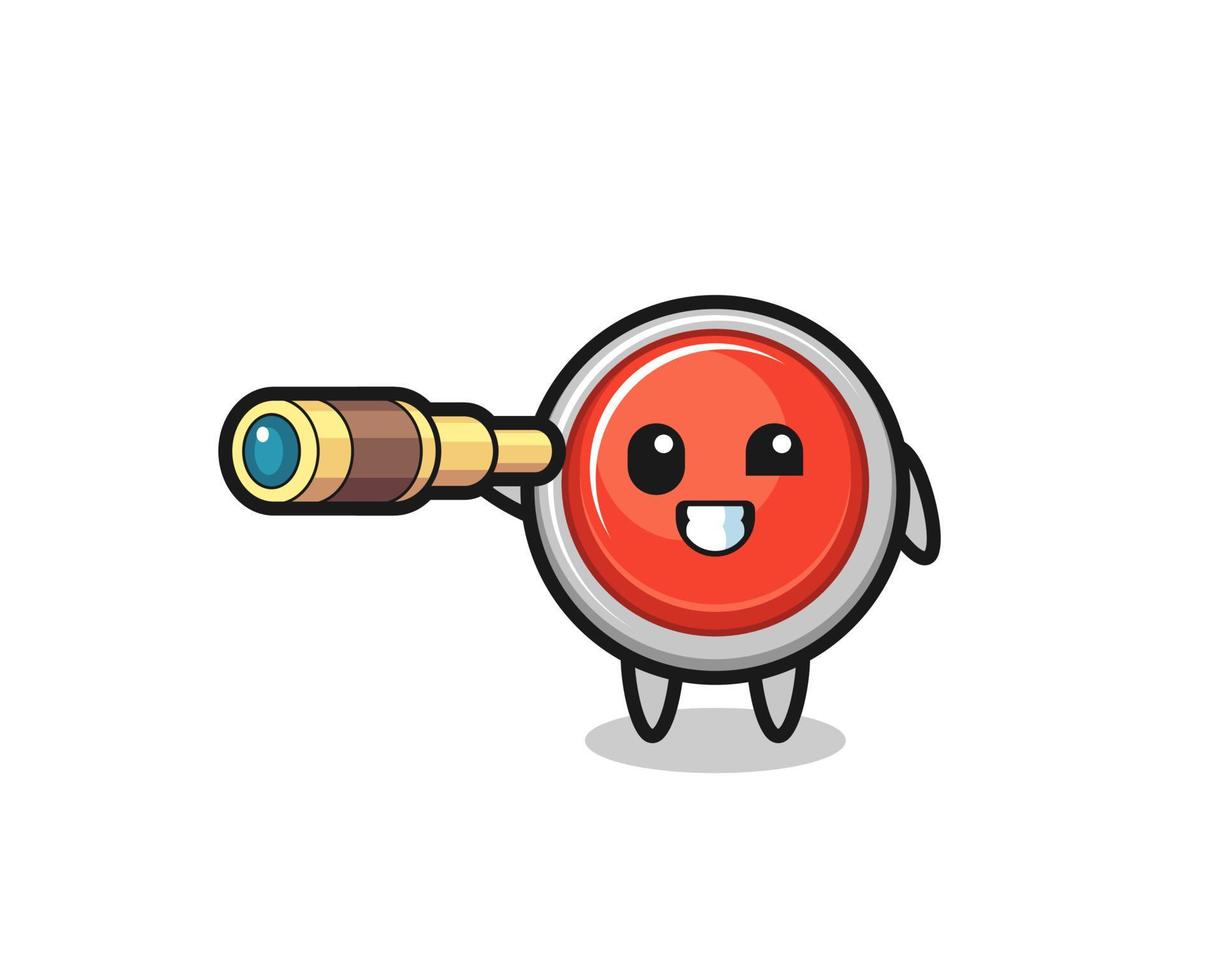 cute emergency panic button character is holding an old telescope vector