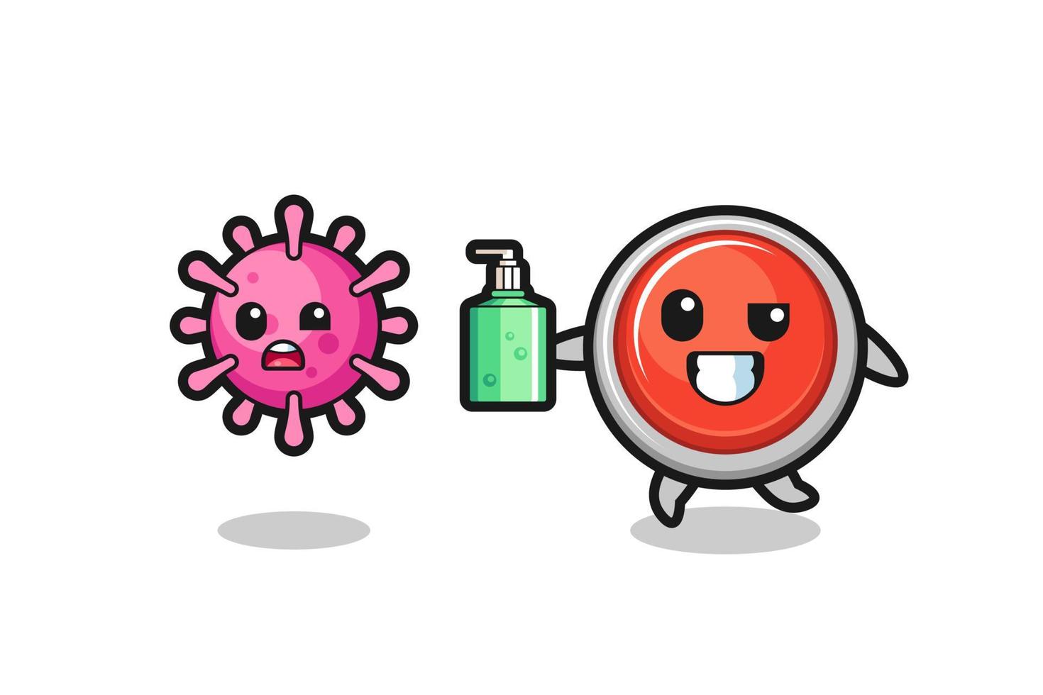 illustration of emergency panic button character chasing evil virus with hand sanitizer vector