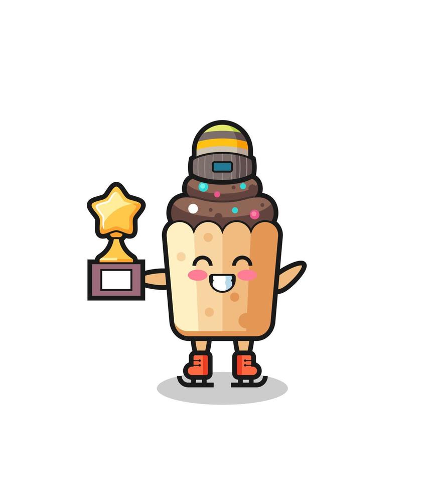 cupcake cartoon as an ice skating player hold winner trophy vector