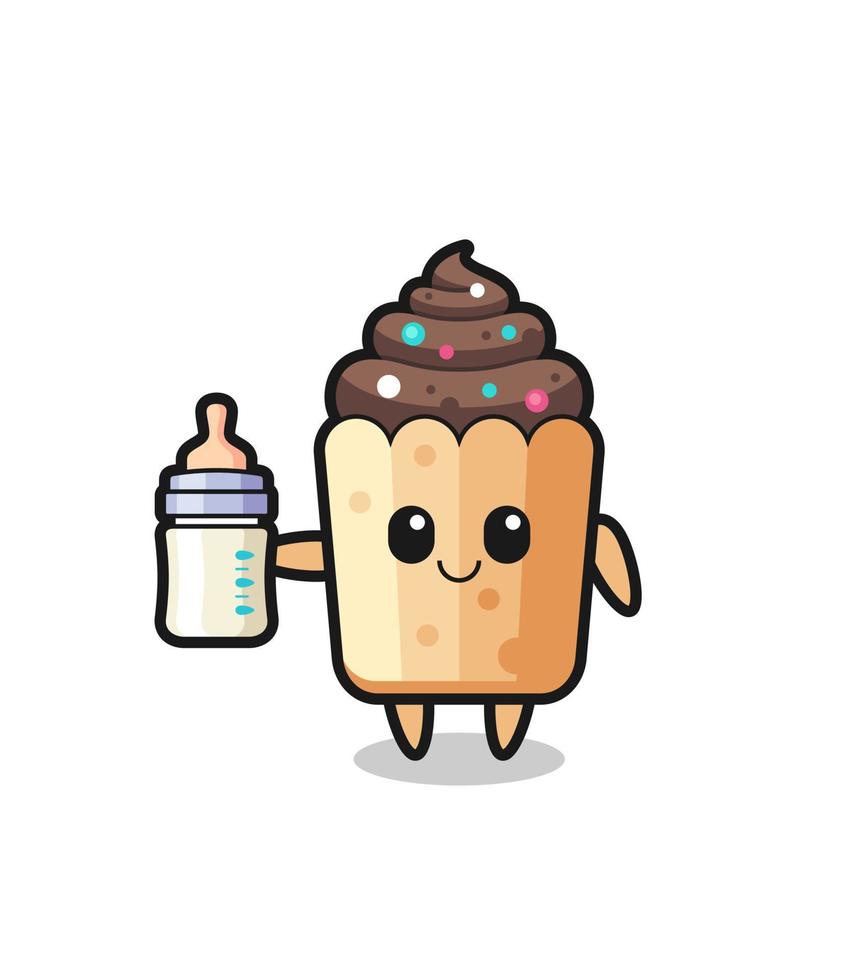 baby cupcake cartoon character with milk bottle vector