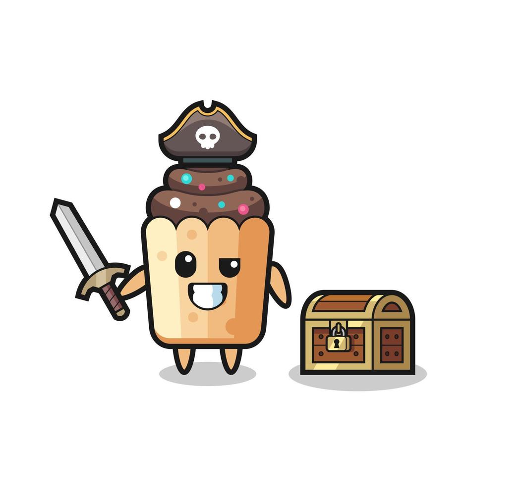 the cupcake pirate character holding sword beside a treasure box vector