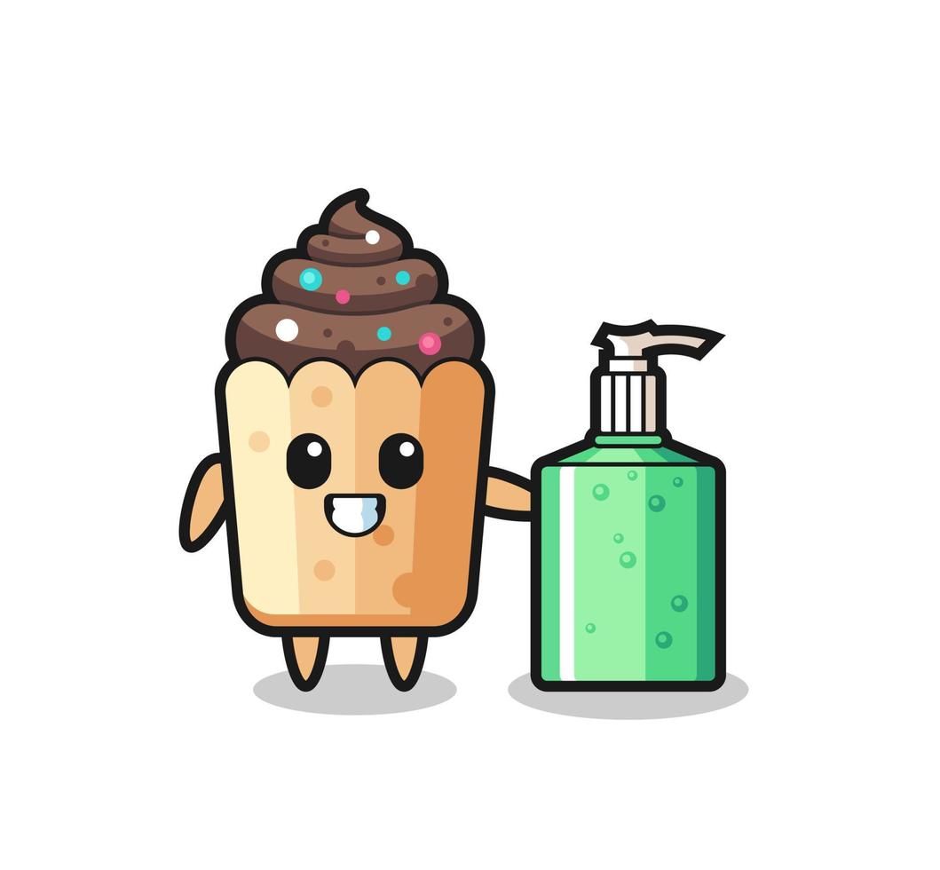 cute cupcake cartoon with hand sanitizer vector