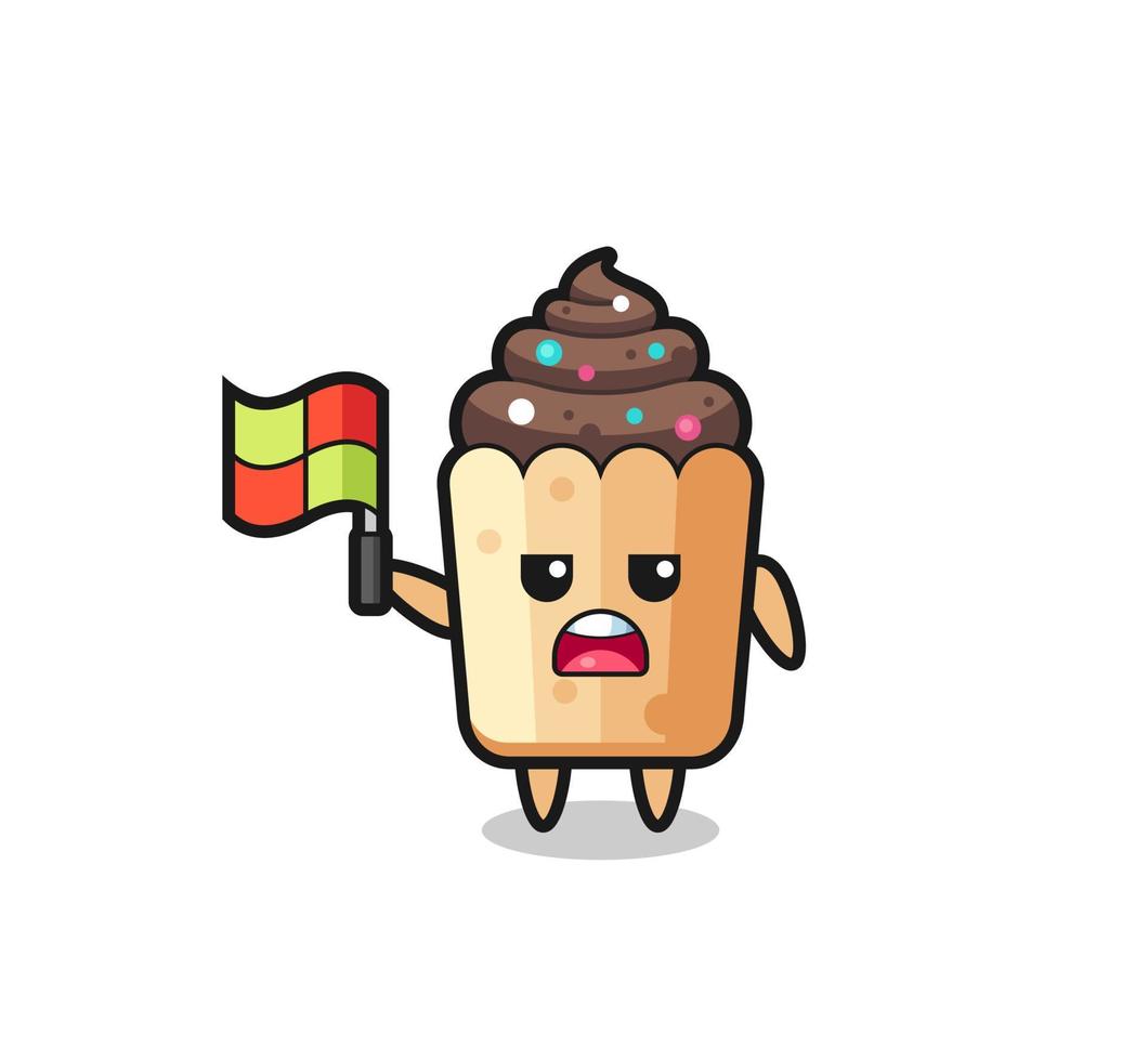 personaje de cupcake como juez de línea levantando la bandera vector