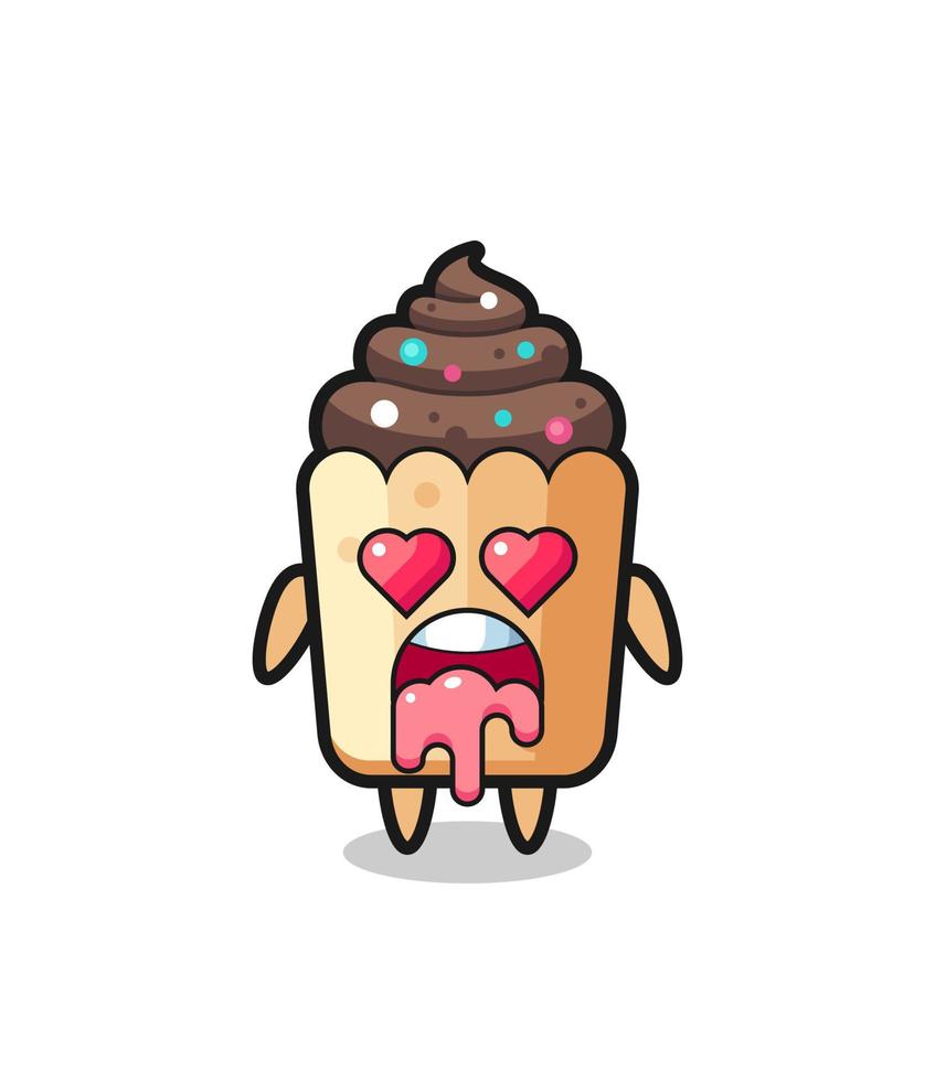 the falling in love expression of a cute cupcake with heart shaped eyes vector
