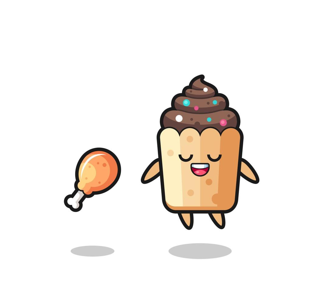 cute cupcake floating and tempted because of fried chicken vector