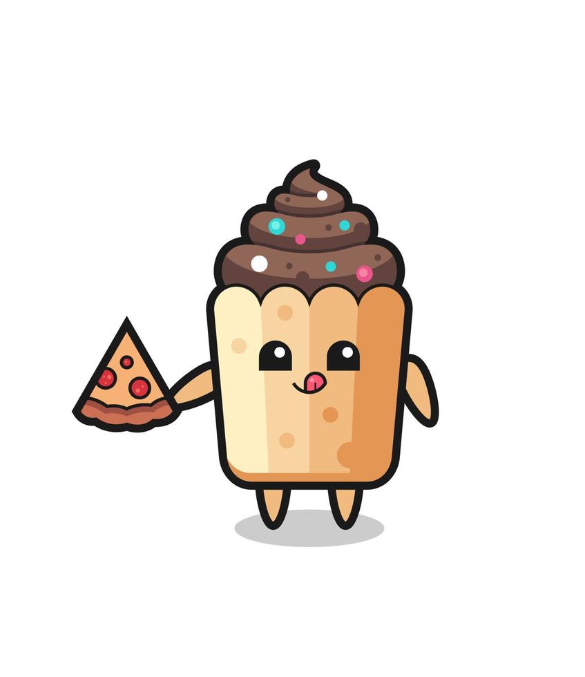cute cupcake cartoon eating pizza vector