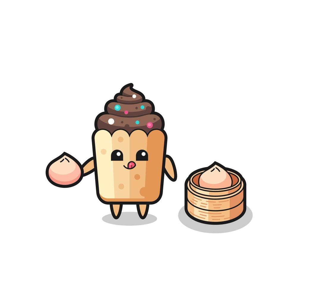 cute cupcake character eating steamed buns vector