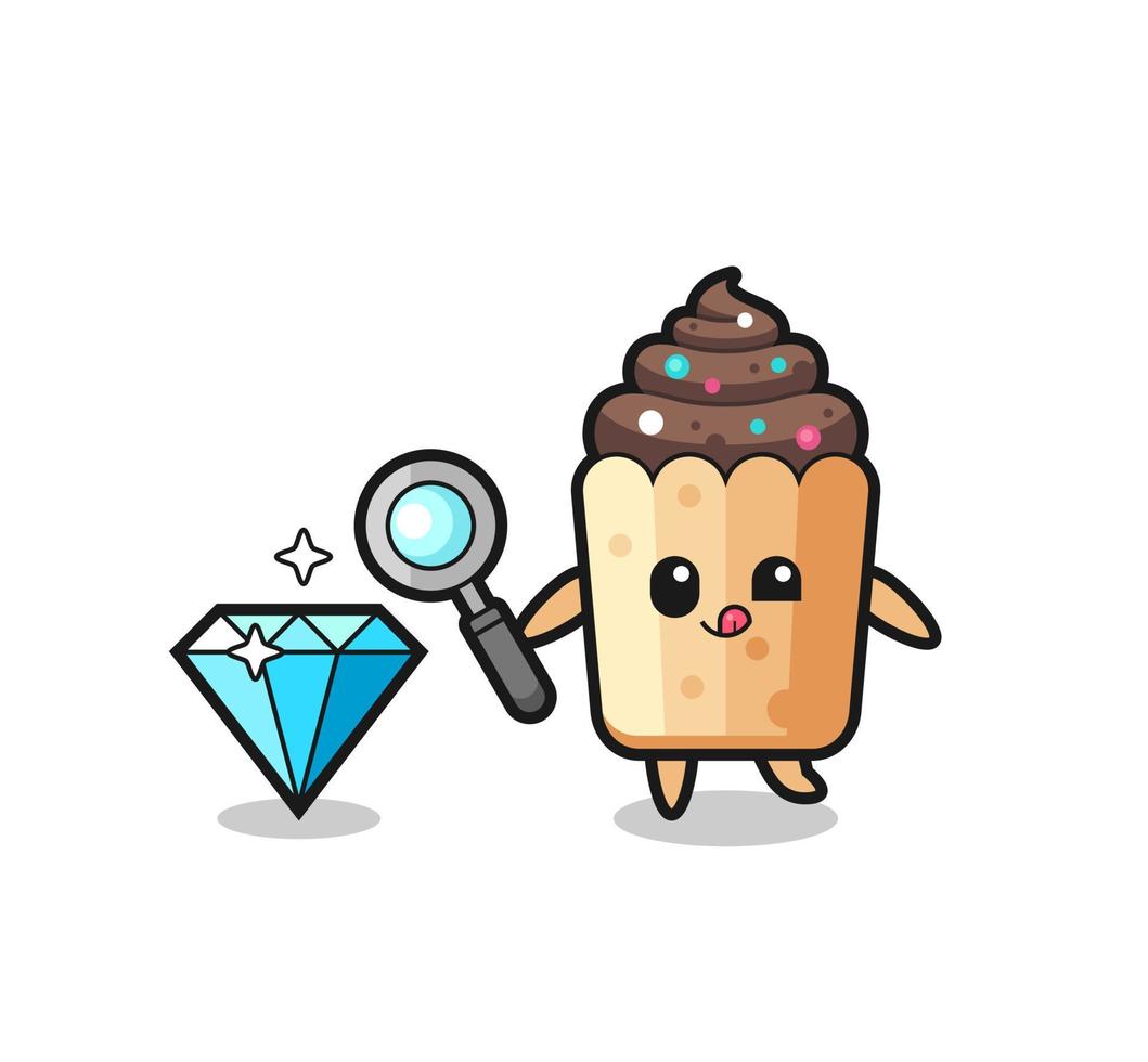 cupcake mascot is checking the authenticity of a diamond vector