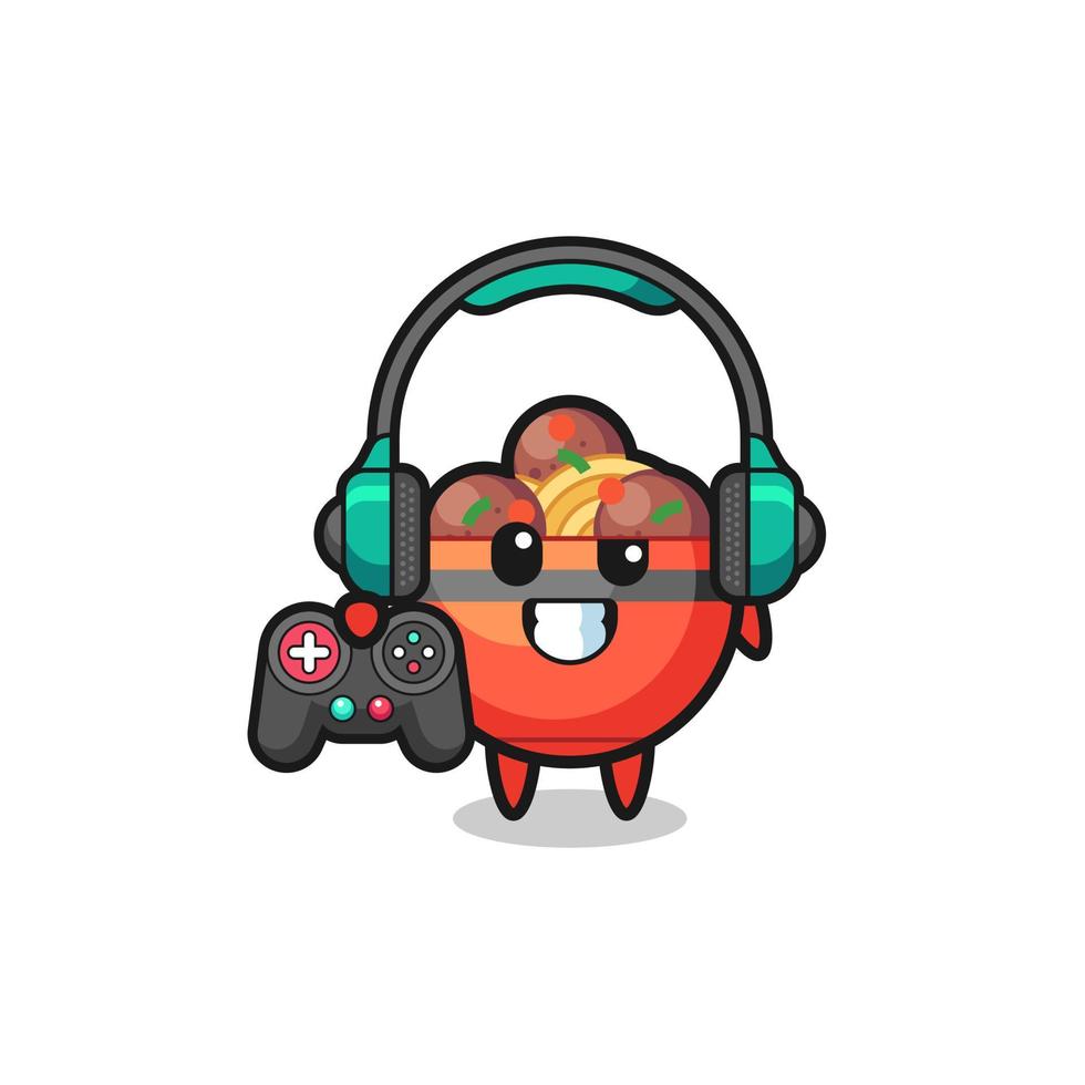 meatball bowl gamer mascot holding a game controller vector