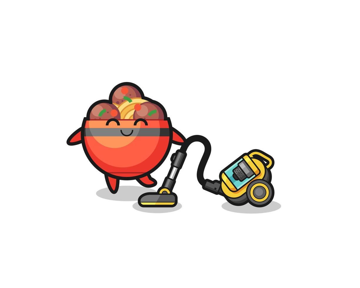 cute meatball bowl holding vacuum cleaner illustration vector