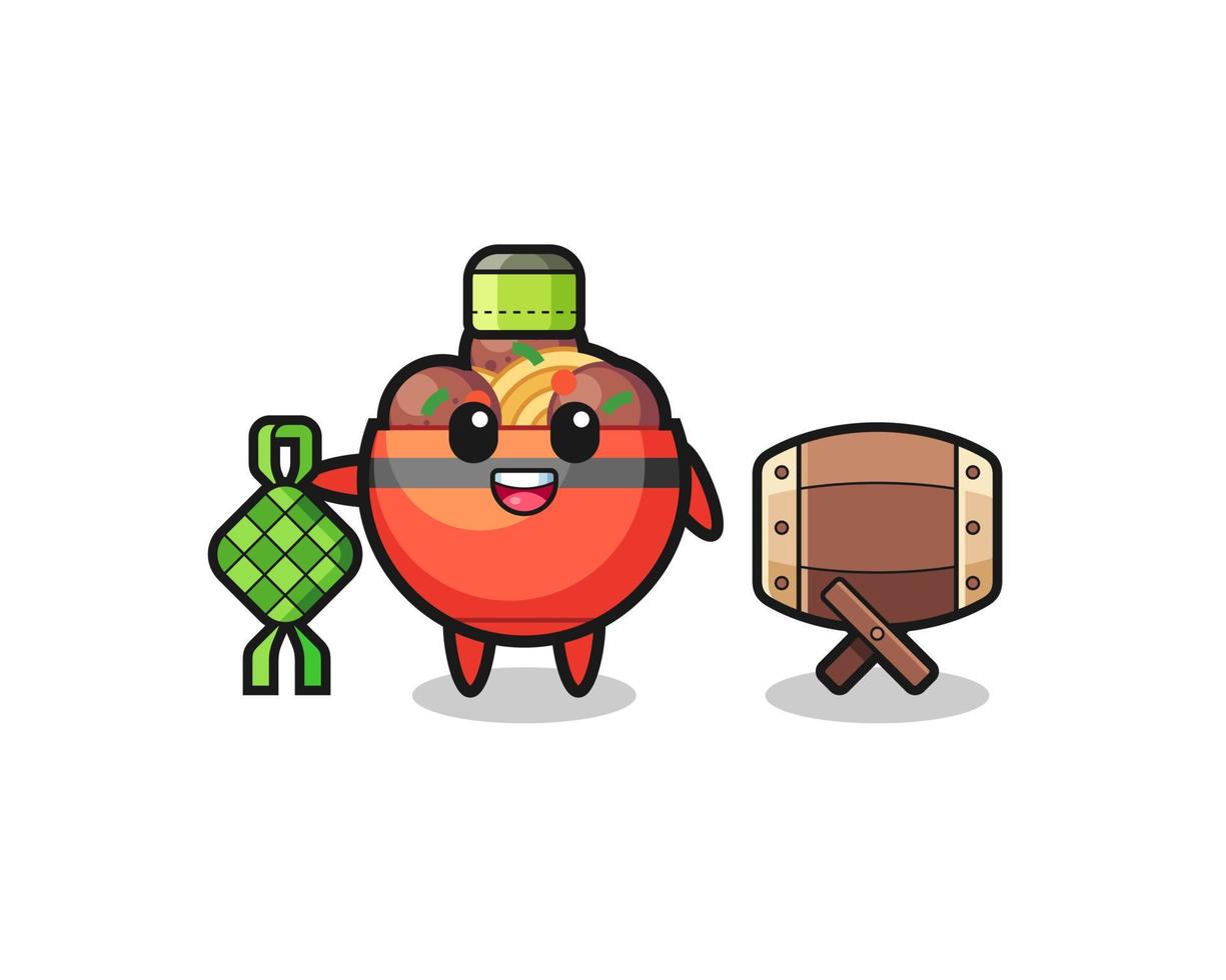 meatball bowl muslim character are celebrating Eid Al Fitr vector