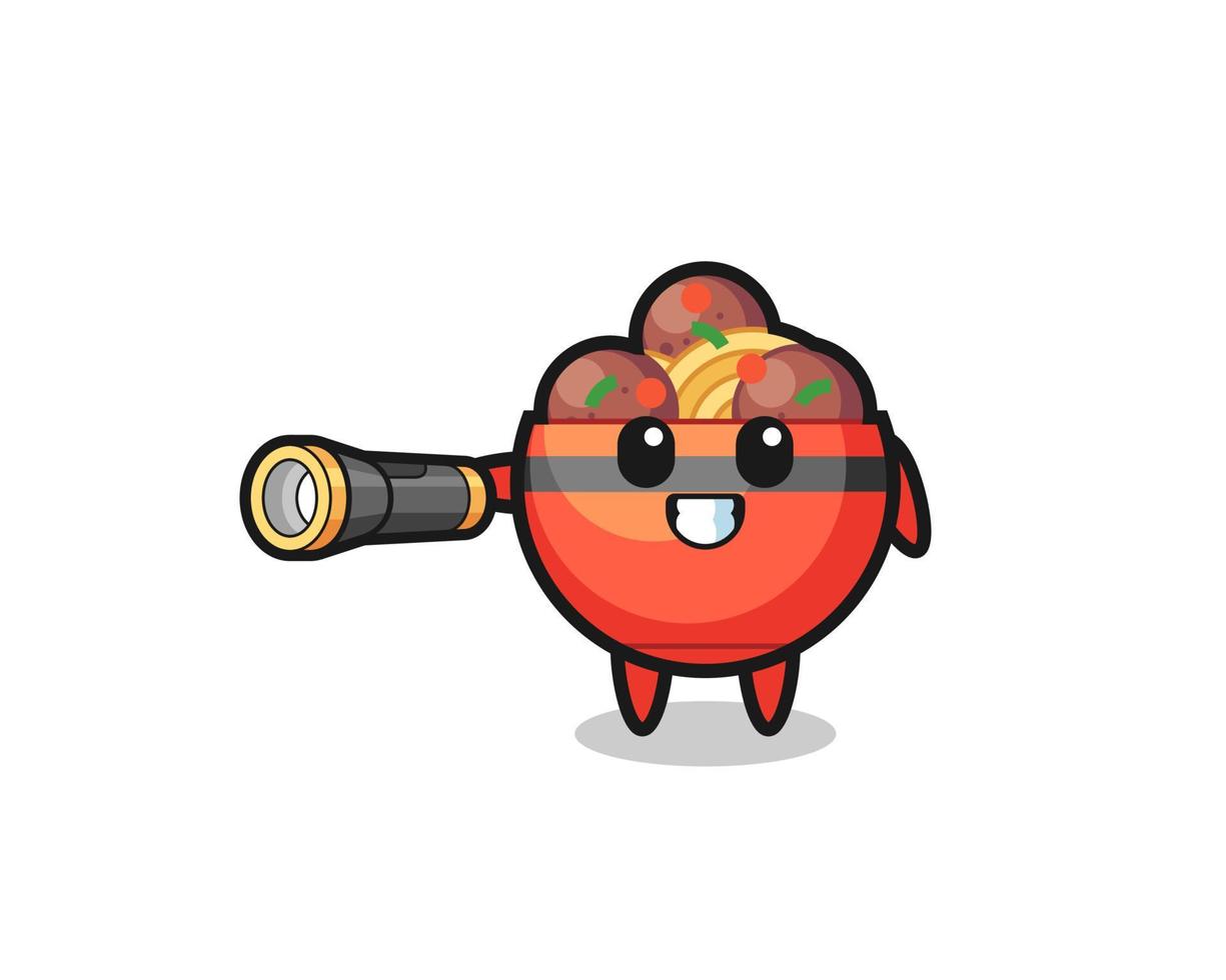 meatball bowl mascot holding flashlight vector