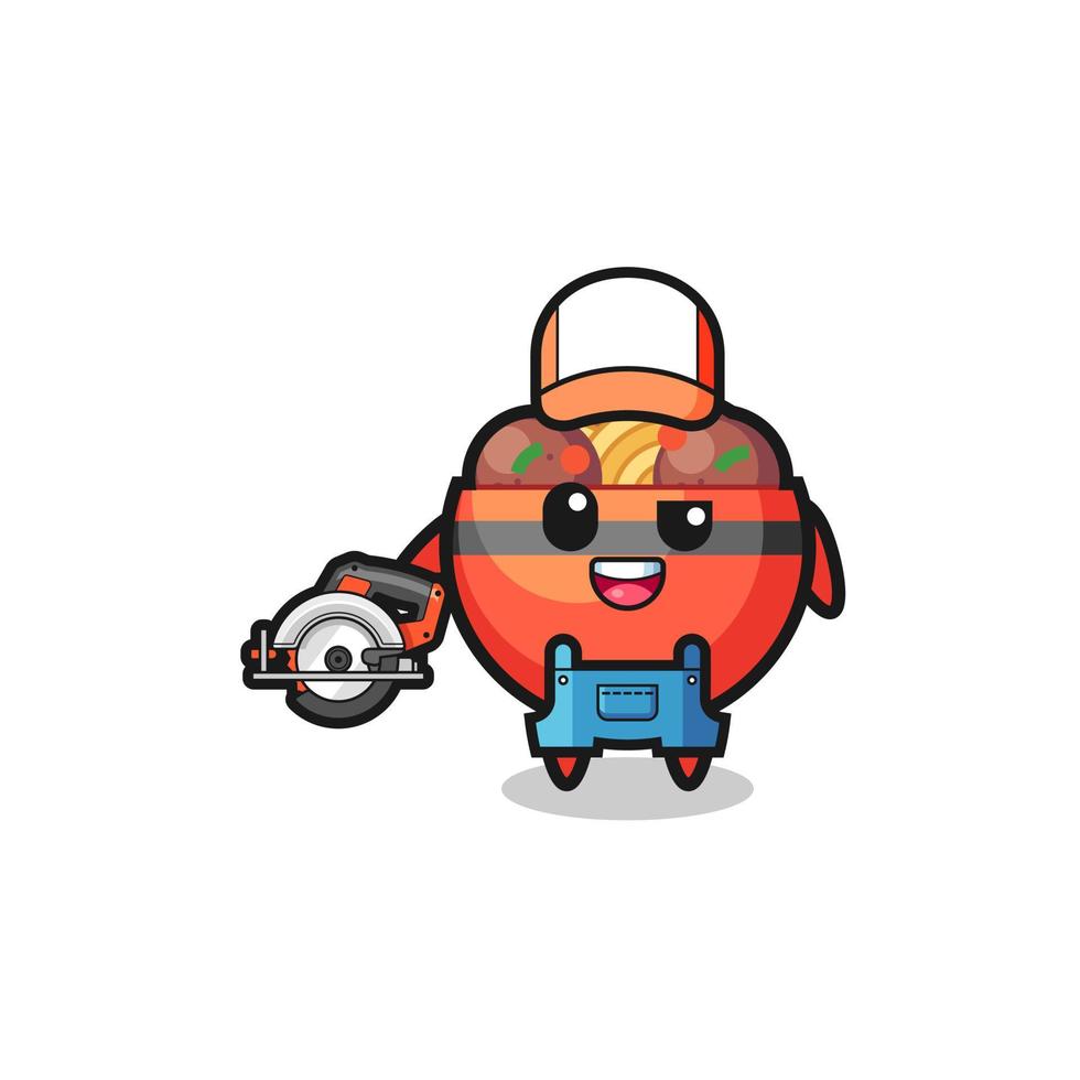 the woodworker meatball bowl mascot holding a circular saw vector