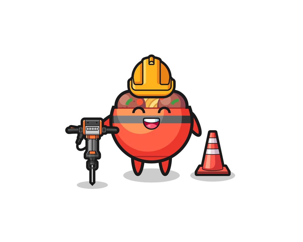 road worker mascot of meatball bowl holding drill machine vector