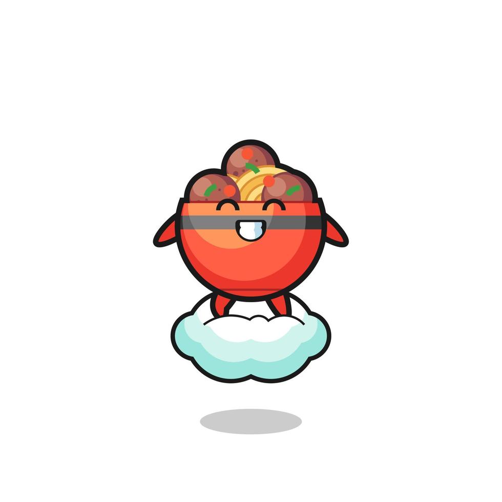 cute meatball bowl illustration riding a floating cloud vector