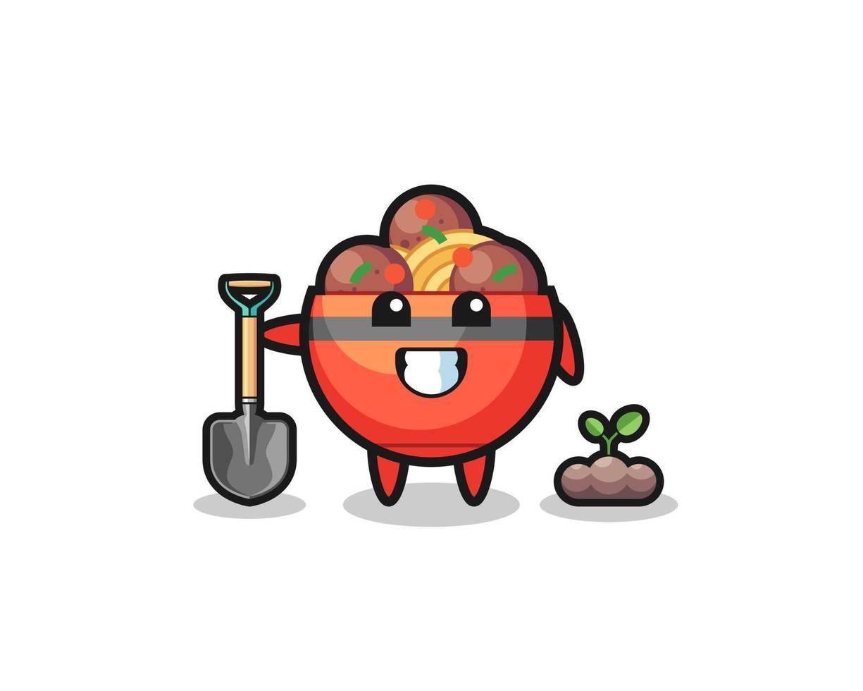 cute meatball bowl cartoon is planting a tree seed vector