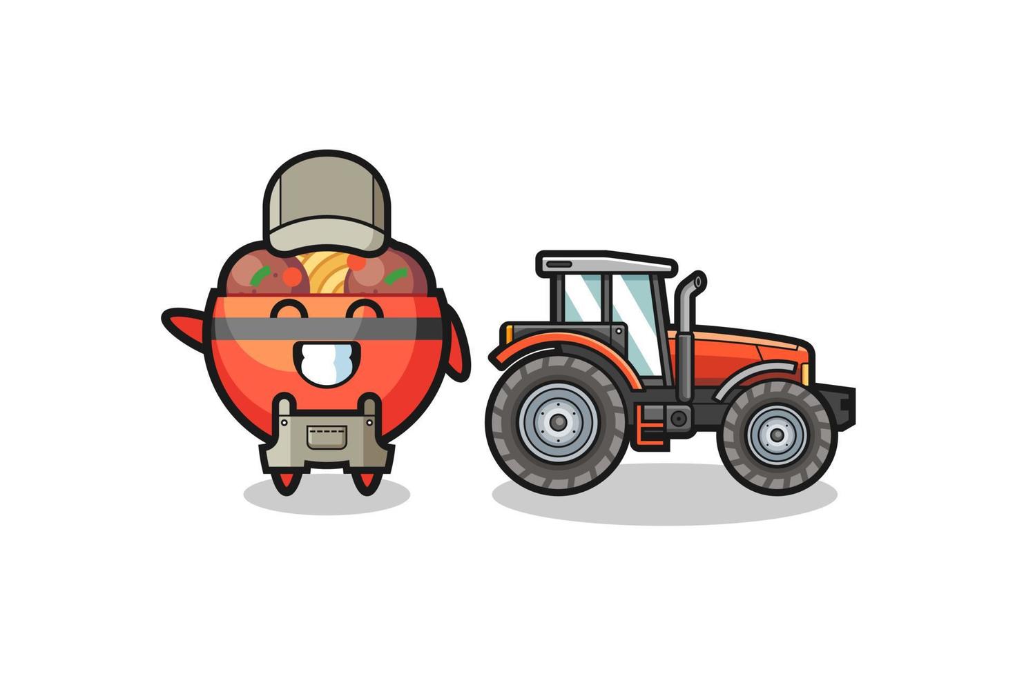 the meatball bowl farmer mascot standing beside a tractor vector