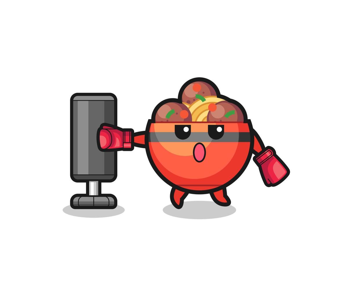 meatball bowl boxer cartoon doing training with punching bag vector