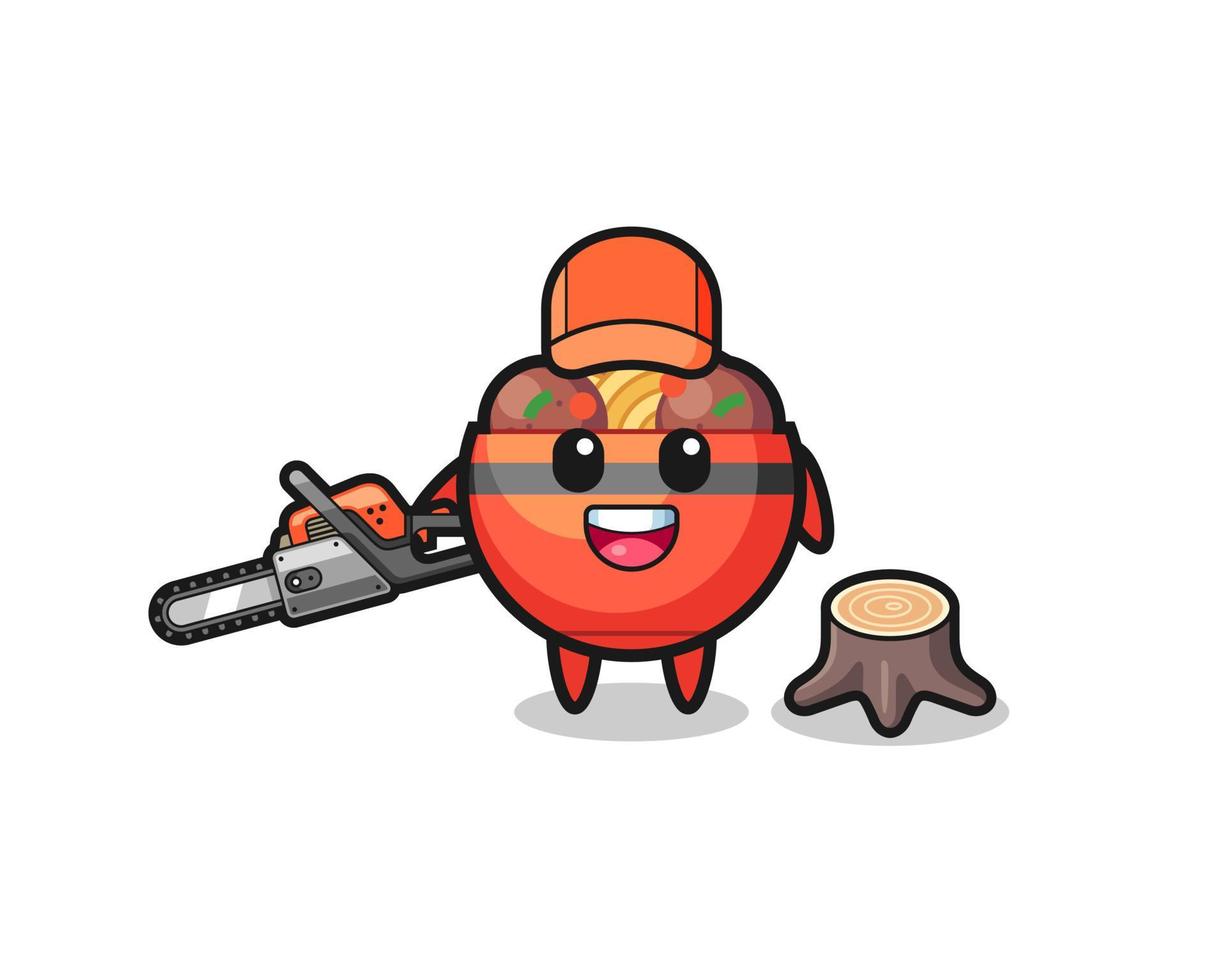 meatball bowl lumberjack character holding a chainsaw vector