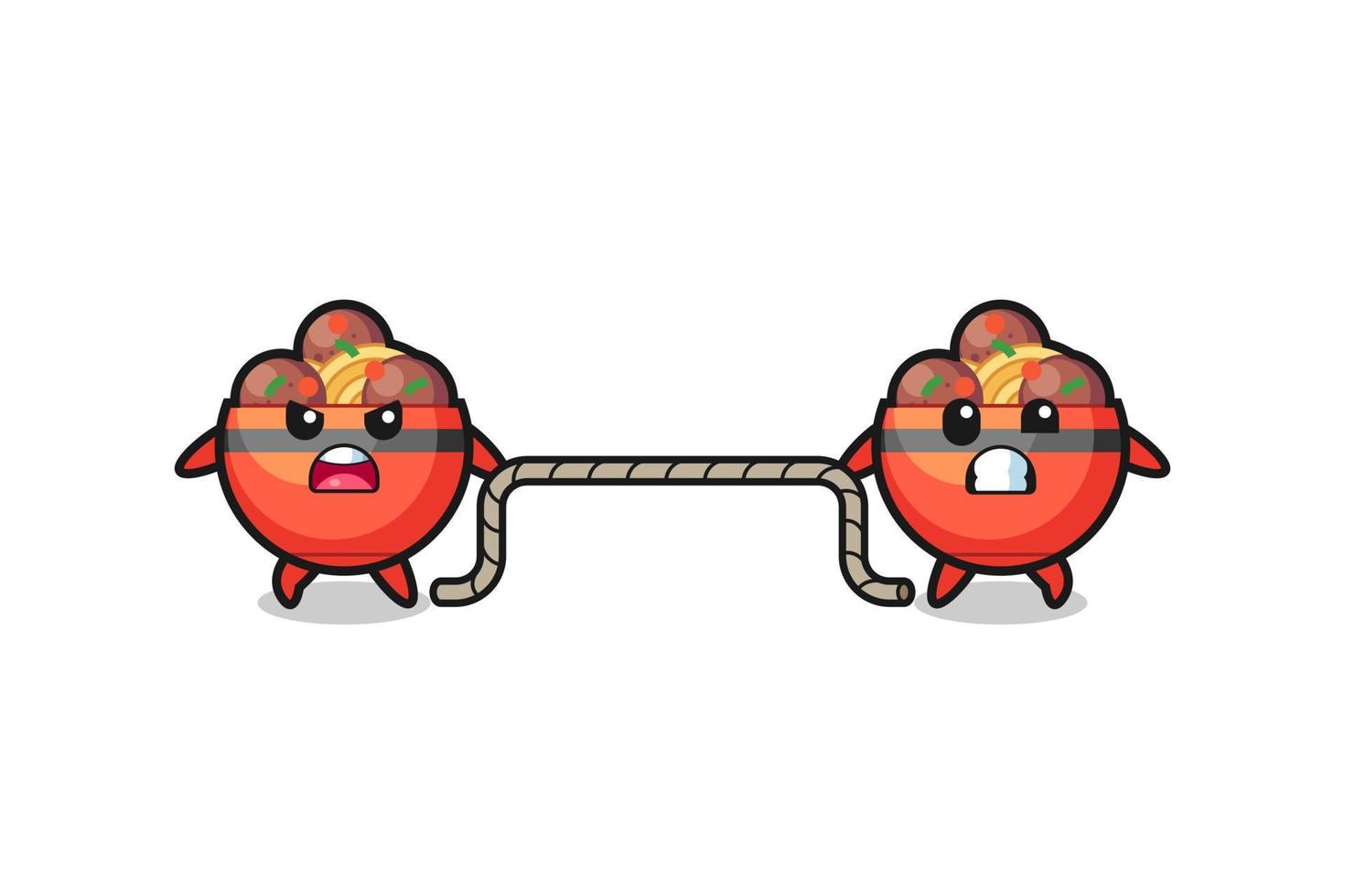 cute meatball bowl character is playing tug of war game vector