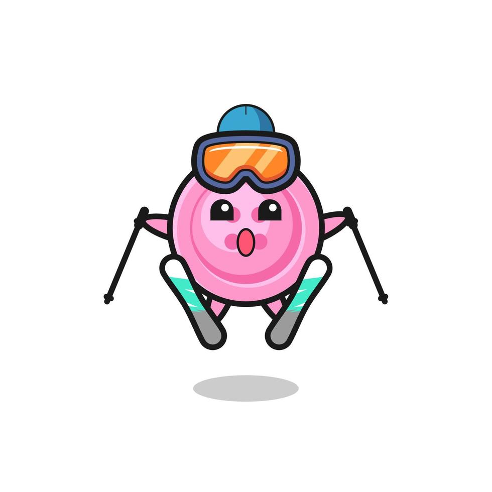 personaje de mascota de botón de ropa como jugador de esquí vector