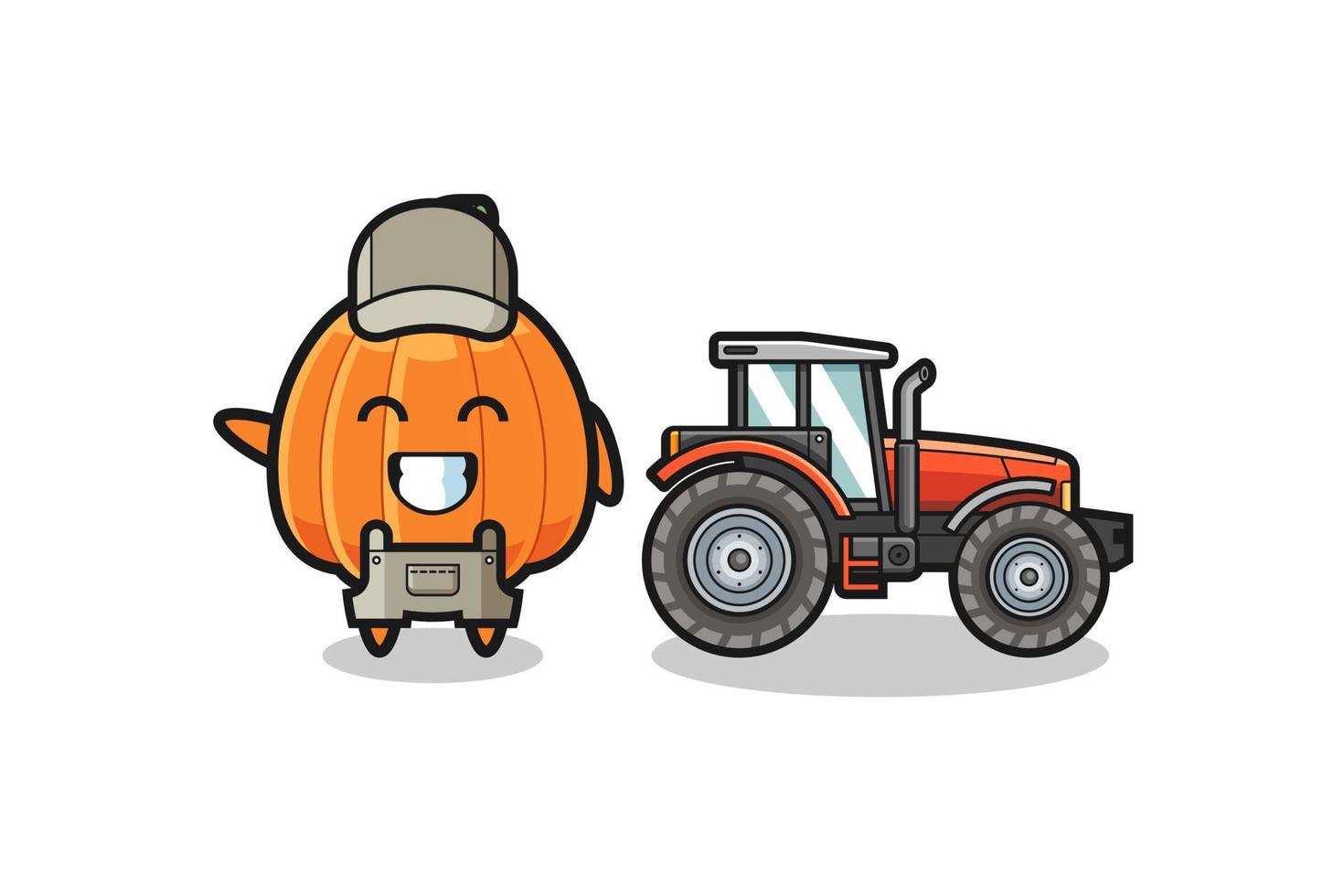 the pumpkin farmer mascot standing beside a tractor vector