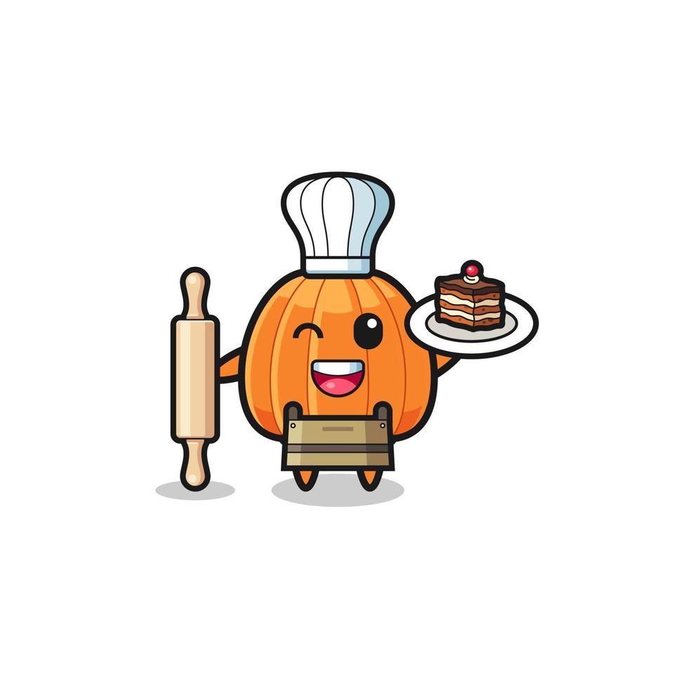 pumpkin as pastry chef mascot hold rolling pin vector