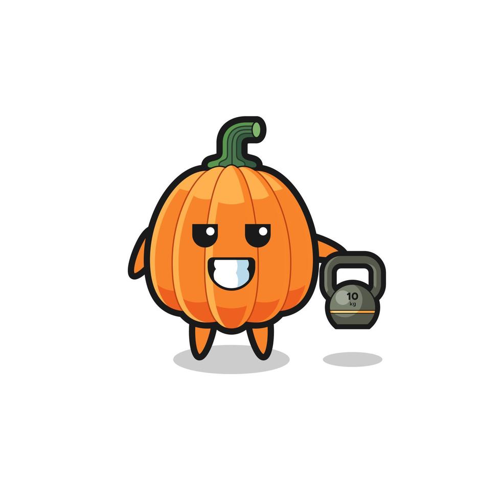 pumpkin mascot lifting kettlebell in the gym vector