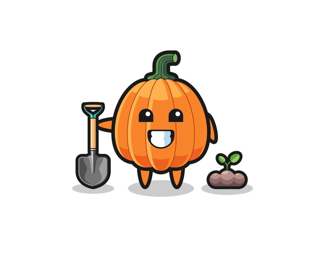 cute pumpkin cartoon is planting a tree seed vector