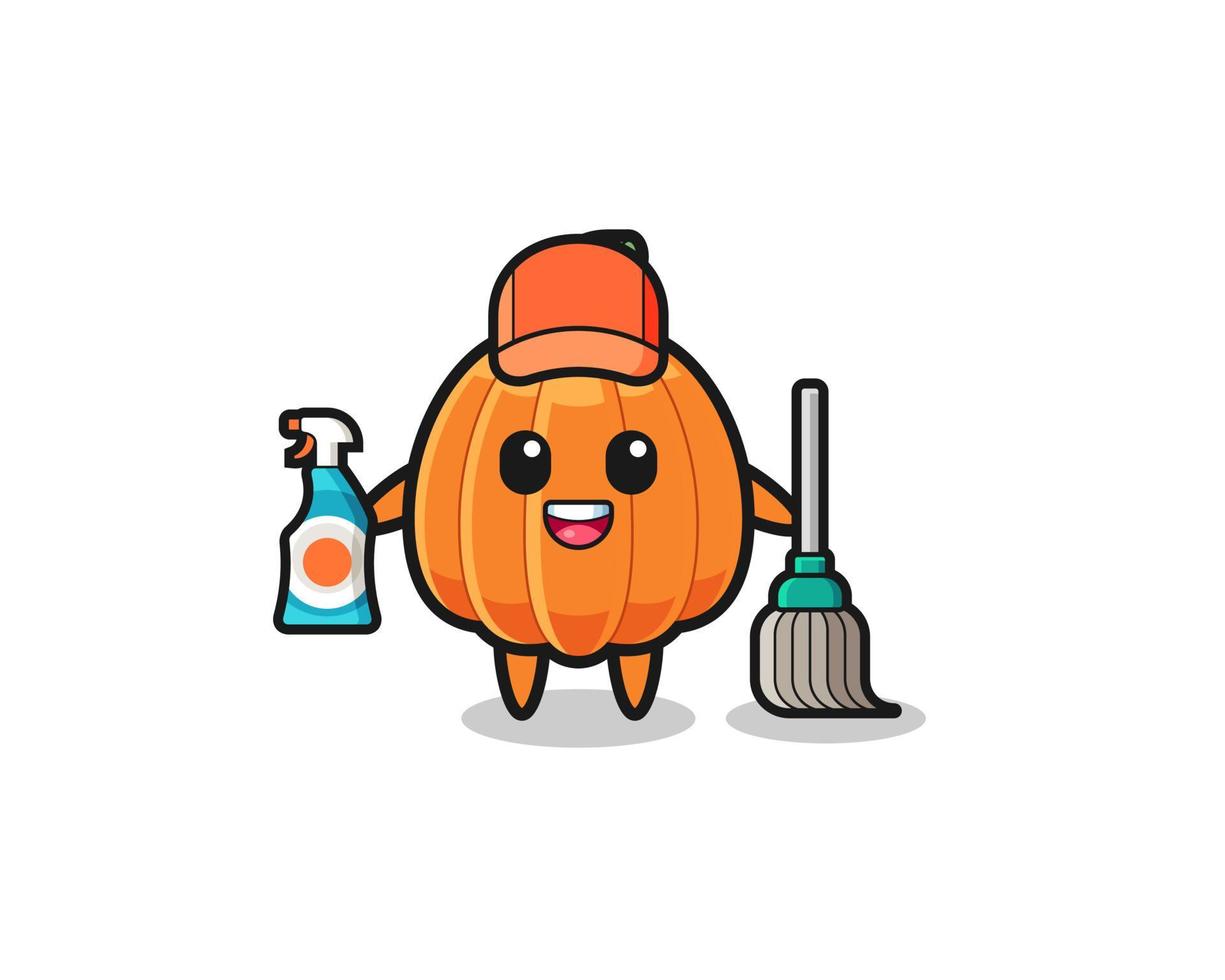 lindo personaje de calabaza como mascota de los servicios de limpieza vector