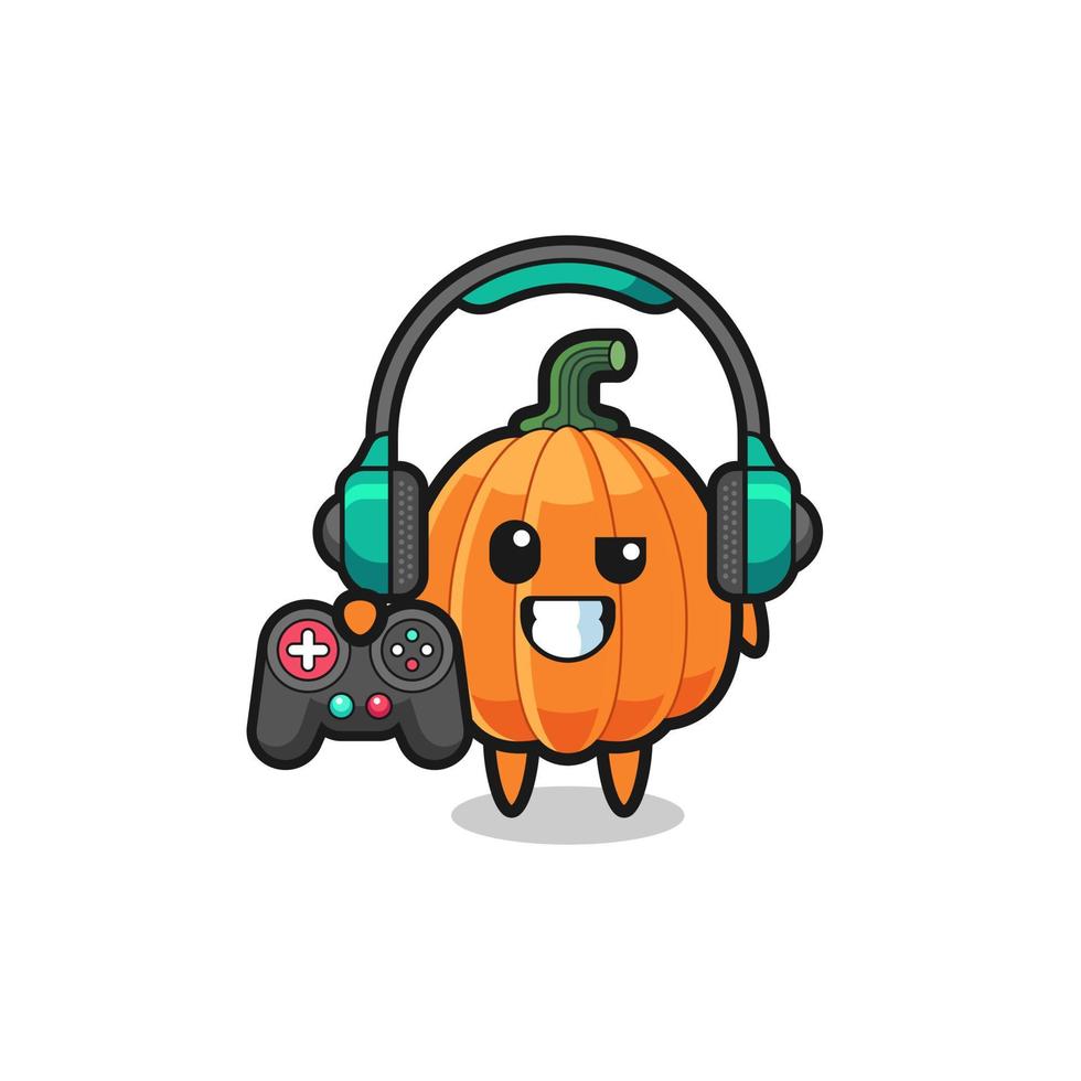 pumpkin gamer mascot holding a game controller vector