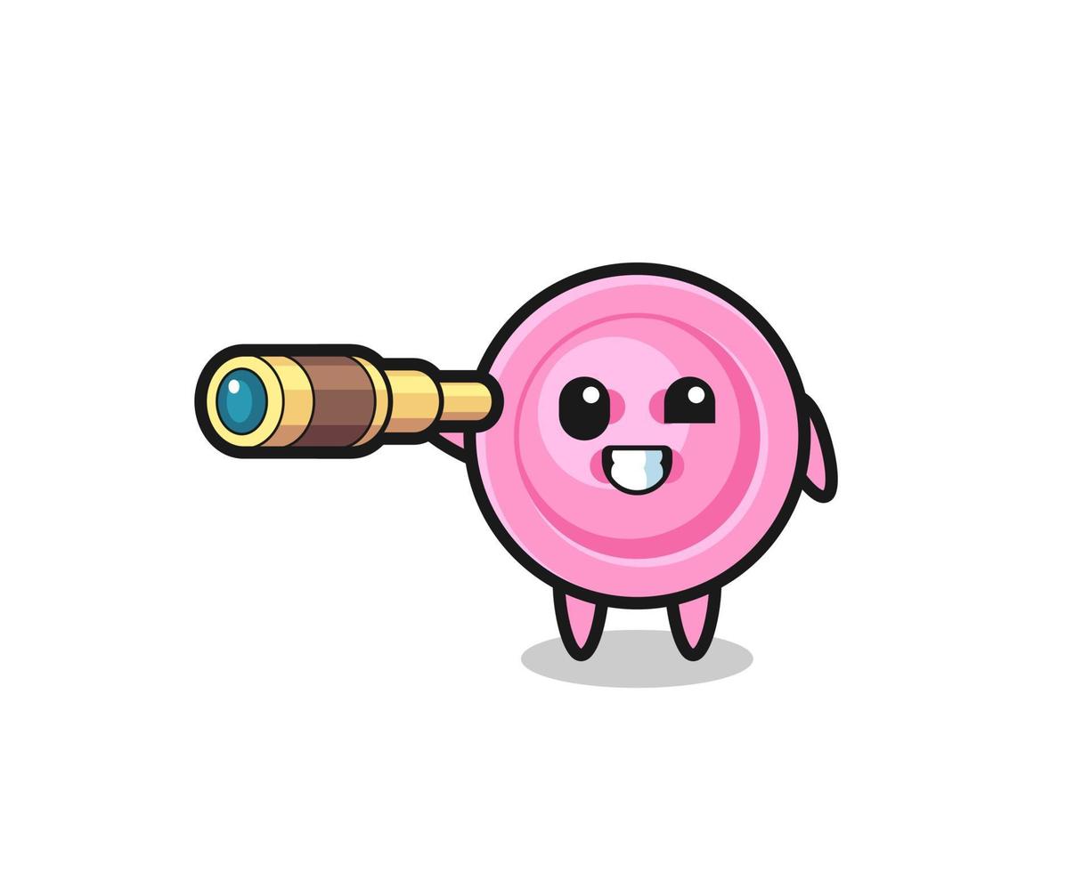 cute clothing button character is holding an old telescope vector