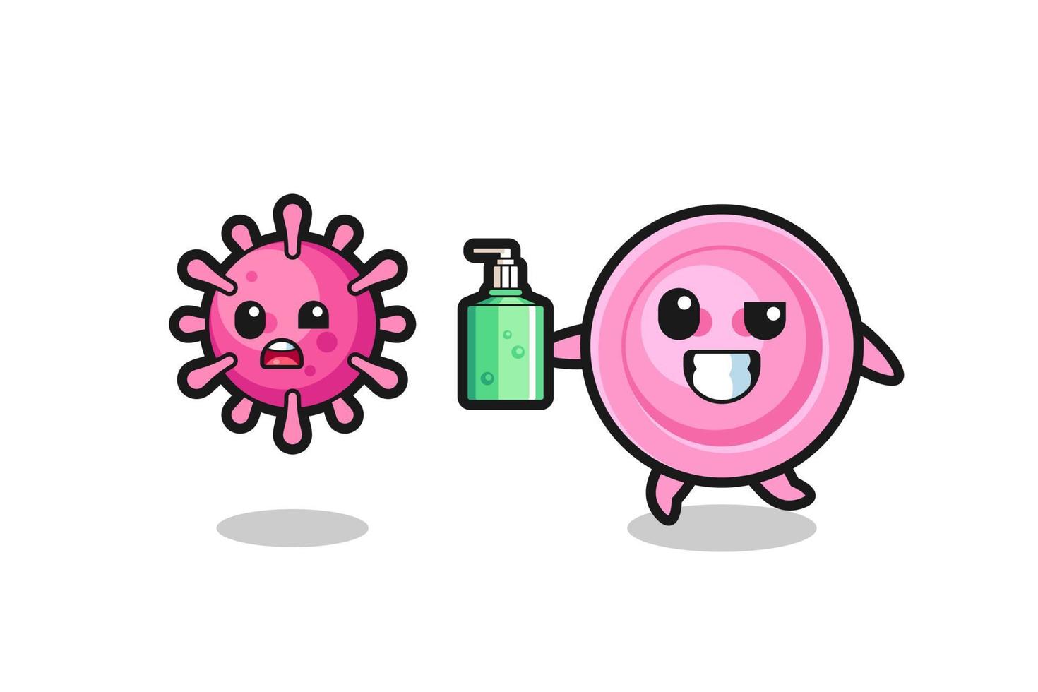 ilustración del personaje del botón de ropa persiguiendo virus malvados con desinfectante de manos vector