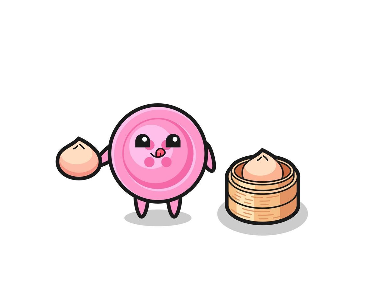 cute clothing button character eating steamed buns vector