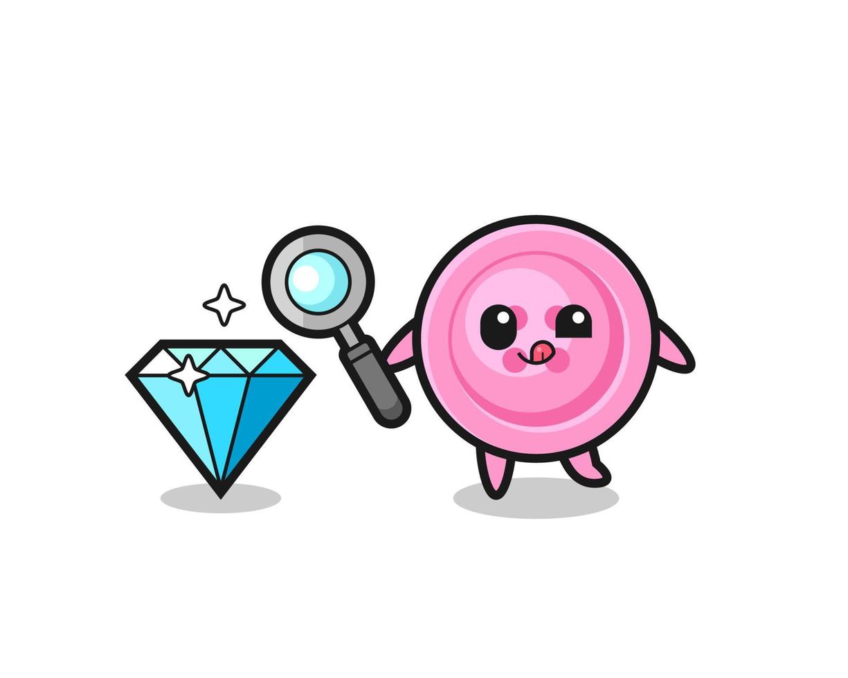 clothing button mascot is checking the authenticity of a diamond vector