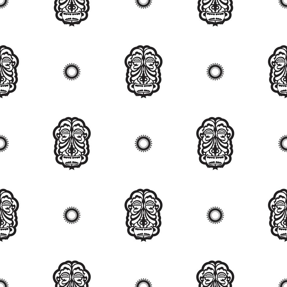 Seamless pattern with tiki face, mask or totem. Samoan style patterns. Good for prints, textiles and backgrounds. Isolated. Vector illustration.