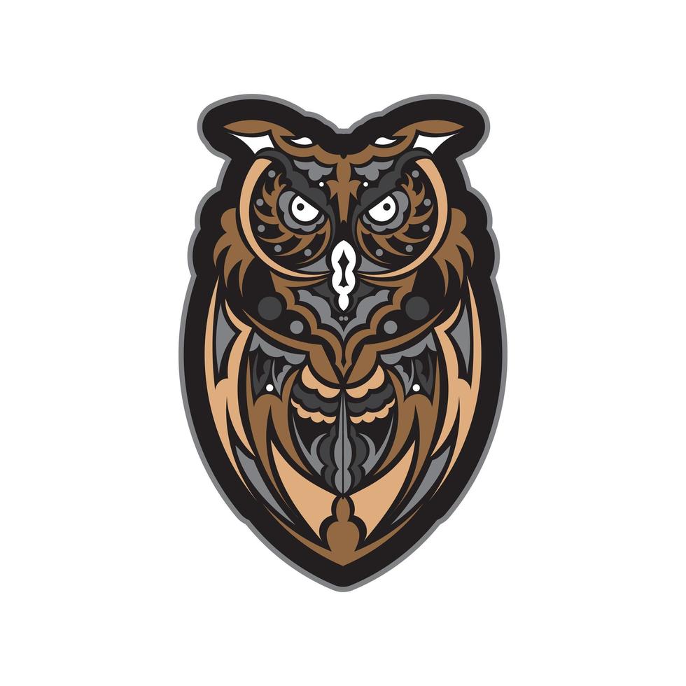 Colored print head of an owl. Hawaii and samoa patterns. Good for t-shirts, phone cases and more. Exclusive corporate design. Isolated. Vector