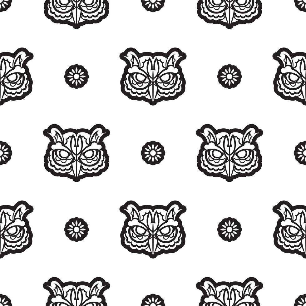 Black-white Seamless pattern owl face in boho style. Isolated. Good for clothing and textiles. Vector illustration.