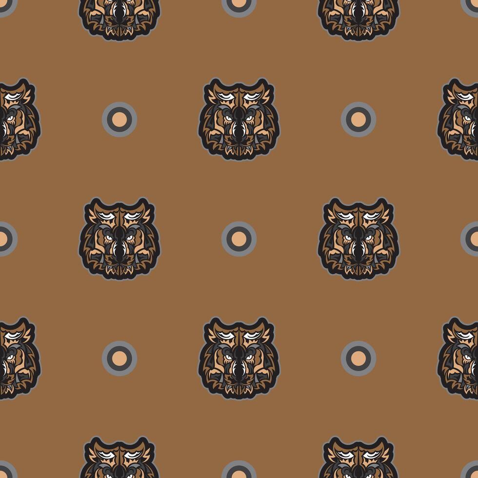Polynesian style tiger face seamless pattern. Boho tiger face. Good for backgrounds and prints. Vector illustration.