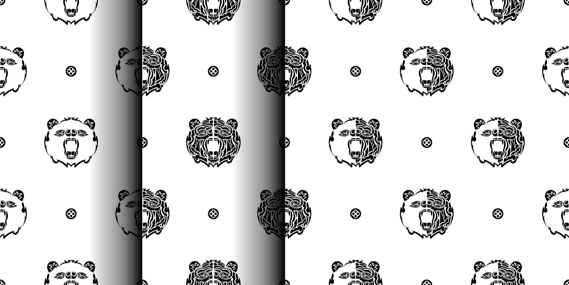 Set of black-white seamless pattern with bear face. Good for backgrounds, prints, apparel and textiles. Vector