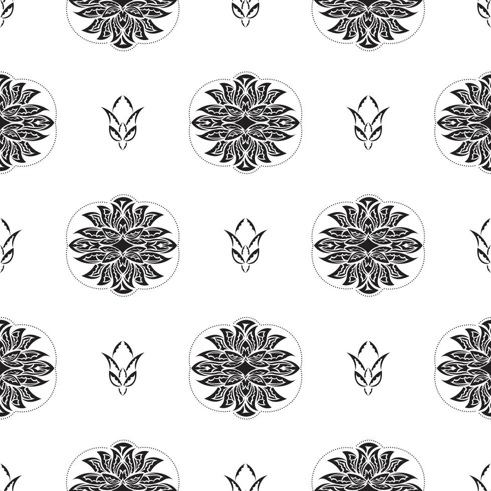 Black-white Seamless pattern with lotuses in Simple style. Good for clothing and textiles. Vector illustration.