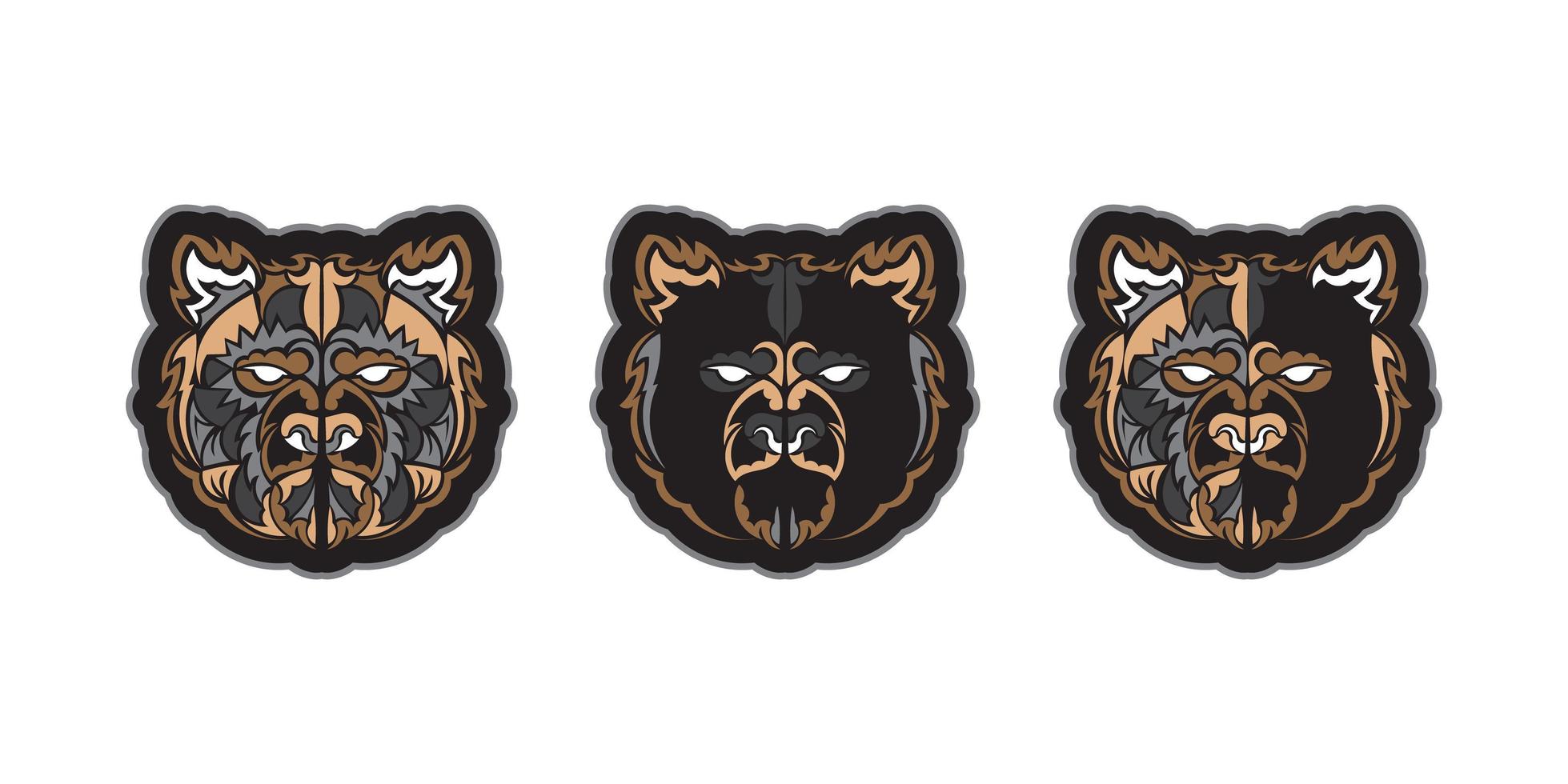 Set of colored face of a bear. Polynesia style. Good for t-shirts and prints. Isolated. Vector