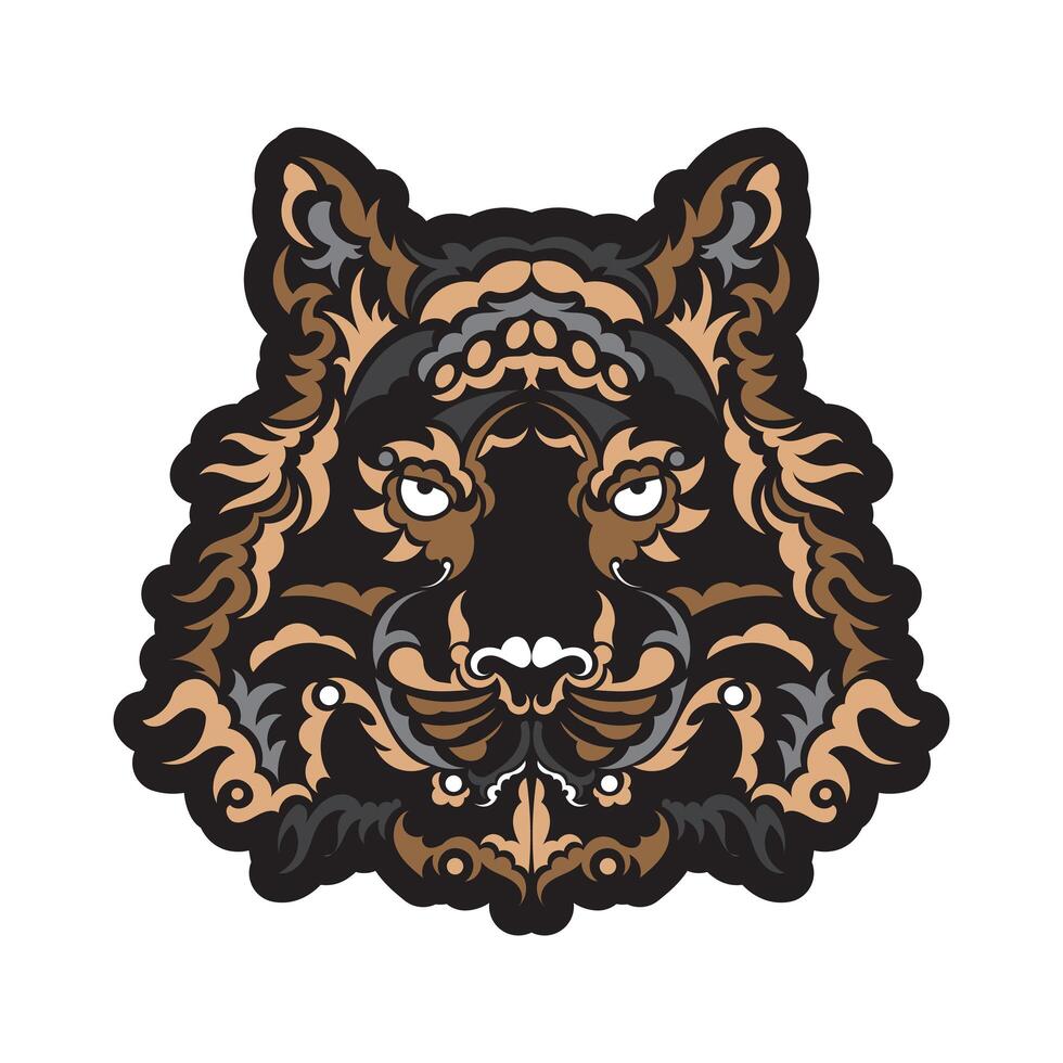 The colored face of a lion, composed of patterns. Tiger head print. For T-shirts, phone cases and cups. Isolated. illustration. vector